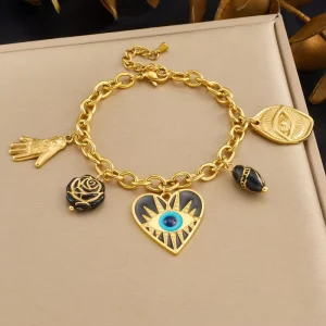 Women’s European American Fashion Vintage Carved Gold Plated Palm Devil’s Eye Heart Stainless Steel Jewelry Bracelet