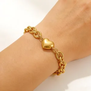 Women’s Fashion Bracelet 18K Gold Stainless Steel Chain with Heart-shaped Pendant Bracelet
