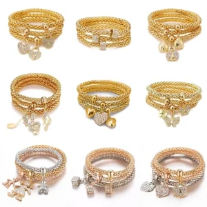 Women’s Fashion Charm Bracelets Set 3pcs Crystal Owl Heart Elephant Anchor Pendants Rhinestone Charm Bracelets
