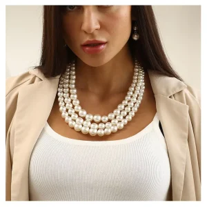 Women’s Fashion Chunky Three Layer Imitation Pearl Beads Necklace and Earrings Set Statement Jewelry for Wedding Occasions