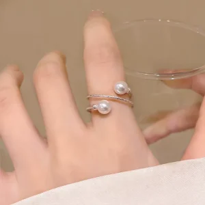 Women’s Fashion Commute Lightweight Pearl Open Ring Adjustable Luxury Personality Double Layer Delicate Ring