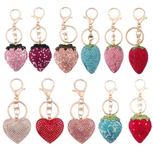 Women’s Fashion Crystal Fruit Keychain Strawberry Heart Rhinestone Pendant Keyring Bag Accessories