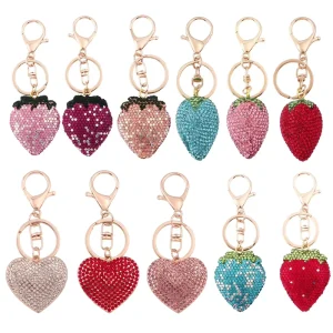 Women’s Fashion Crystal Fruit Strawberry Heart Rhinestone Keychain Custom Logo & Color Promotional Accessories