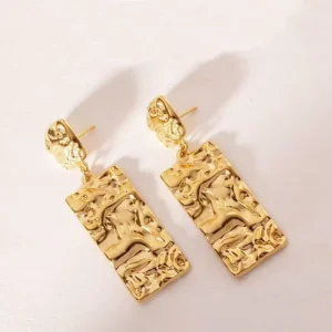Women’s Fashion Dangle Earrings Stainless Steel Plated 18K Gold Long Pendant Hammer Pattern