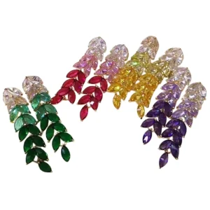 Women’s Fashion Drop Earrings Full Colorful Diamond with Long Crystal Flower and Leaf Alloy Jewelry for Party