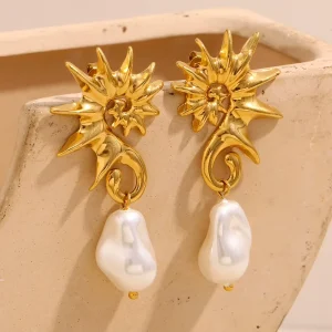Women’s Fashion Elegant Retro Stainless Steel Plated 18K Gold Personalized Seahorse Baroque Earrings for Summer Jewelry