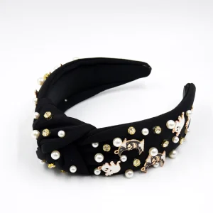 Women’s Fashion Factory Customized Halloween Headband Fabric Pearls Rhinestones Ghost Moon Alloy Knotted 13CM Hair Accessory