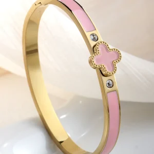 Women’s Fashion Four Leaf Clover Colored Droplet Oil Stainless Steel 18K Gold Plated Zircon Bracelet for Party Occasions
