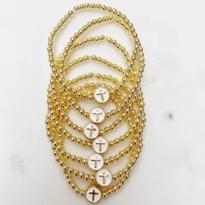 Women’s Fashion Gold Beaded Bracelet with Cross Charm 18K Gold Plated Brass Elastic String Adjustable Bracelet for Woman Gift
