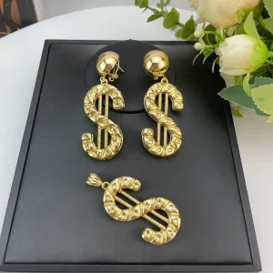 Women’s Fashion Hip Hop Diamond Jewelry Explosive Dollar Symbol Earrings and Temperament Letter Necklace Combination FHK23148