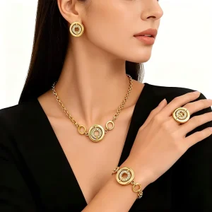 Women’s Fashion Jewelry Set 18K Gold Plated Necklace Earrings Ring Bracelet
