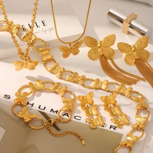 Women’s Fashion Jewelry Set 18K Gold Plated Stainless Steel Butterfly Necklace Earrings Rings Pendant Bracelet