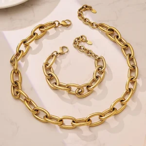 Women’s Fashion Jewelry Set 18K Gold Plated Stainless Steel Tarnish Free Necklace Bracelet & Earrings Wedding Gift