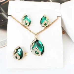 Women’s Fashion Jewelry Set Bridal Gold Necklace Earrings Ring Luxury Red Crystal Pendant Necklace Wedding Jewelry 3 Pieces Set