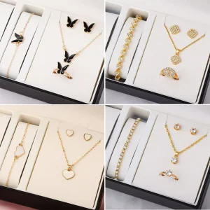 Women’s Fashion Jewelry Set Gift Party White Pink Butterfly Charms Gold Plated Choker Necklace Bracelets Ring Earring Sets