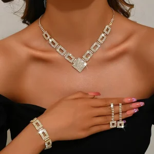 Women’s Fashion Jewelry Set Girls’ Diamond Necklace Earrings African Square Zircon Design Three Piece Accessory