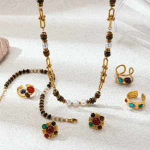 Women’s Fashion Jewelry Set Gold Plated Stainless Steel Natural Stone Beaded Necklace Bracelet Earrings T196
