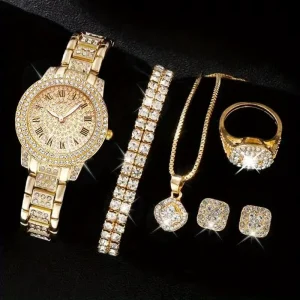 Women’s Fashion Jewelry Set Gold Silver Rose Gold Alloy Rhinestone Hip Hop Necklace Bracelet Rings Earrings