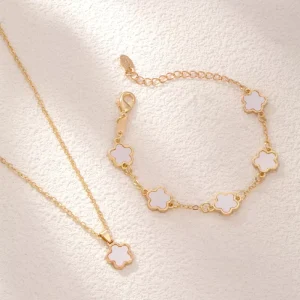 Women’s Fashion Jewelry Set Necklace & Bracelet with Gold Plating & Five Petals Flower