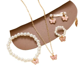 Women’s Fashion Jewelry Set Pearl Butterfly Necklace Pendant Earrings Bracelet Ring for Party Valentine’s Day Gift