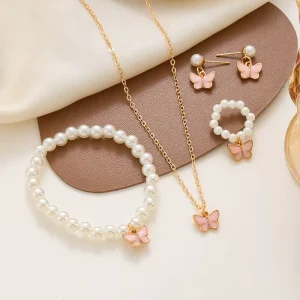 Women’s Fashion Jewelry Set Pearl Butterfly Necklace Pendant Necklace Earrings Bracelet Ring Set Valentine’s Day Gift
