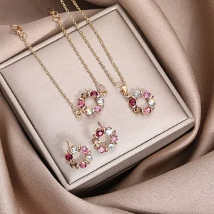 Women’s Fashion Jewelry Set Pink Diamond Bracelet Earrings Necklace Three Pieces Jewelry Set