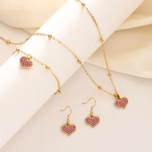 Women’s Fashion Jewelry Set Pink Zircon Heart Pendant Earrings Bracelet Necklace Bridal Jewelry Set
