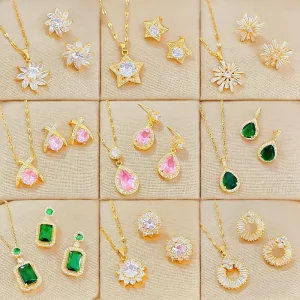 Women’s Fashion Jewelry Set Zircon Titanium Steel Chain Brass Pendant Micro Pave Earrings and Necklace Set