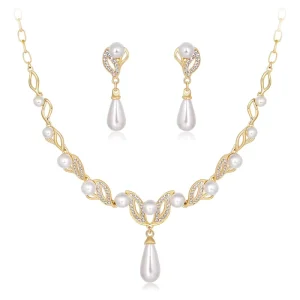 Women’s Fashion Jewelry Sets Rhinestone Pearl Pendant Necklace and Earrings for Wedding Decoration