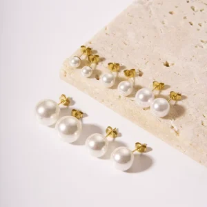 Women’s Fashion Jewelry Single Fresh Natural Pearl Stud Earrings 18K Gold Plated Stainless Steel White Pearl Earrings