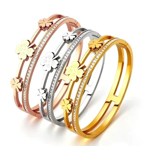 Women’s Fashion Jewelry Stainless Steel Bracelet Plant Element Design Inlaid Square Zircon Bracelet Fashionable and Elegant
