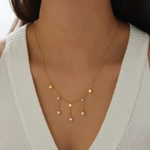 Women’s Fashion Light Luxury All-match Pearl Gold-plated Chain Tassel Five-pointed Star Clavicle Chain Necklace