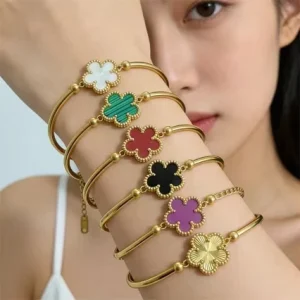 Women’s Fashion Multi color Shell Flower Double Sided Five Leaf Clovers Charm Bracelet Stainless Steel Plated 18k Gold