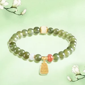 Women’s Fashion Natural Hetian Green Jade Chinese Style Pendant Beaded Bracelet Charms with S925 Sterling Silver