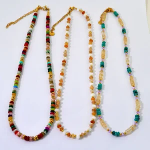 Women’s Fashion Necklace Beaded with Natural Colored Natural Stone Waterproof Gold Plated