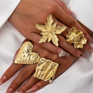 Women’s Fashion Open Ring Set Irregular Geometric Vacation Style Starfish Conch Bowknot Heart & Pearl Ring Set Jewelry
