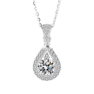 Women’s Fashion Pear Shaped Water Droplet Halo Necklace S925 Sterling Silver Rhodium Plated 1 Carat Moissanite Claw Setting