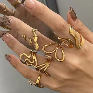 Women’s Fashion Rings Classic Style Stainless Steel Metal 14K Gold Simpleness Exaggerate Geometry Pattern Jewelry