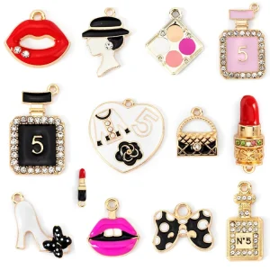 Women’s Fashion Series High Heel Hat Charm Alloy Enamel Lipstick Charms Pendants Handmade Jewelry Accessory