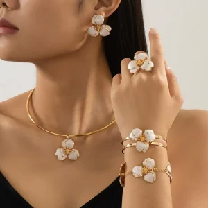 Women’s Fashion Set 5 Piece Including Enamel Flower Earrings Necklace Bracelets for Anniversary Holidays Alloy Link