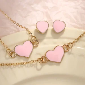 Women’s Fashion Simple Heart Bracelets Necklace Earrings Jewelry Set Light Luxury Style Gifts for Women