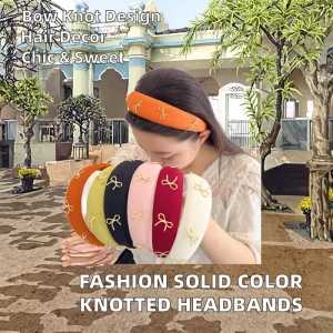 Women’s Fashion Solid Color Bowknot Headband Sweet Style 16cm Fabric European American Style Christmas Hair Accessory
