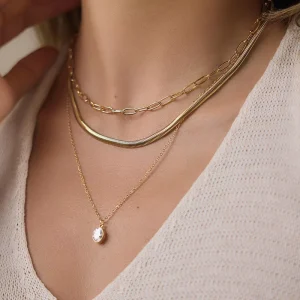 Women’s Fashion Stainless Steel Zircon Pendant 18K Gold Plated Paperclips Chain Snake Bone 3 Layer Party Necklace