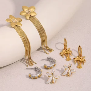 Women’s Fashion Stud Earrings Tarnish Free Tassel Flower Stainless Steel Pearl Geometric Trendy Anniversary Gift