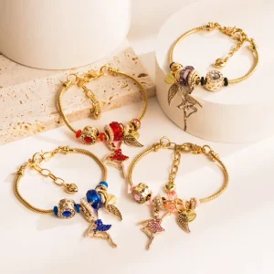 Women’s Fashion Sweet Ballet Girl Pendant Crystal Bead Bracelet 14K Gold Plating Snake Bone Bracelet Adjustable Charm Bracelet