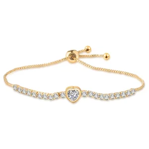 Women’s Fashion Trendy Heart Shaped Chain Link Tennis Full Zircon Crystal Brass 18K Gold Plated Adjustable