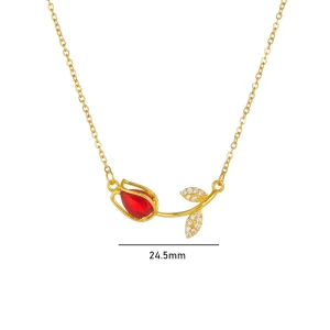 Women’s Fashion Tulip Flower Geometric Charm Necklace Stainless Steel with Zircon Stone Classic Style Gift