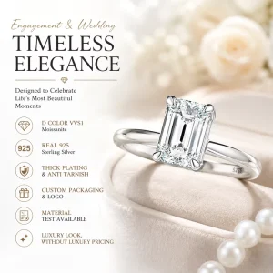 Women’s Fashionable Emerald Cut D Color VVS Moissanite 925 Sterling Silver 18K White Gold Wedding Engagement Rings Fashion