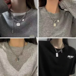 Women’s Fashionable Link Chain Stainless Steel Necklace Trendy Hip Hop Style Sweater Decoration Pendant Jewelry Gift