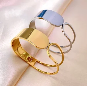 Women’s Fashionable Personalized Wide Stainless Steel Bracelet Smooth Surface Niche Design Simple Open Bangle Geometric